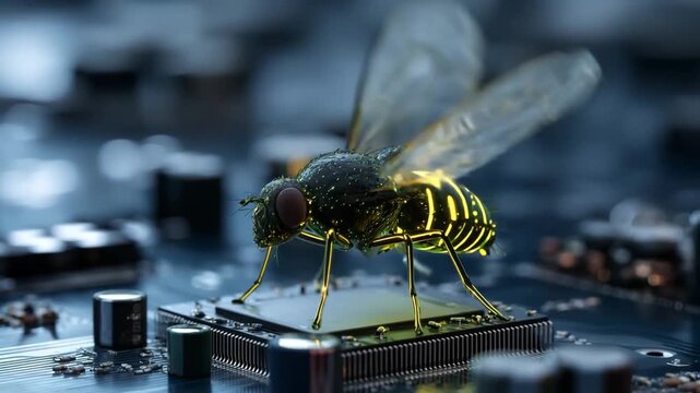 Cyber Insect on Microchip | Robotic Fly on Circuit Board | Malware or Spybot Concept Animation in 4K

