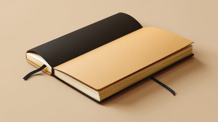 Open notebook with black cover and tan pages lying on a tan surface with a black ribbon bookmark