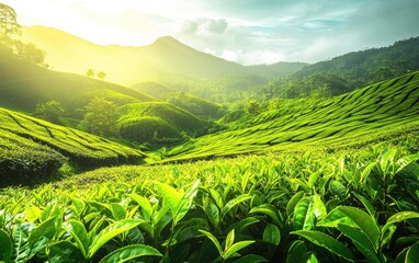 Lush green tea plantation on rolling hills.