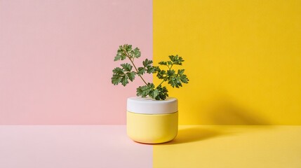 A small potted plant in a yellow container against a pink and yellow background.