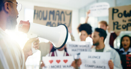 Social justice, movement and people with megaphone, opinion or community with protest for...