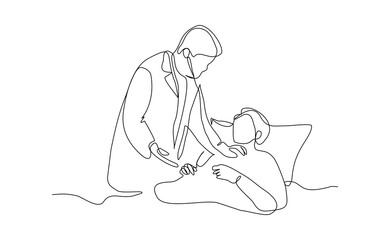 A male doctor examines a patient attentively in a clinic, showing professionalism, care, and focus during a routine medical checkup. continuous line sketch drawing editable stroke vector illustration