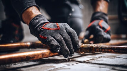Close-up view of a person working on copper pipes.