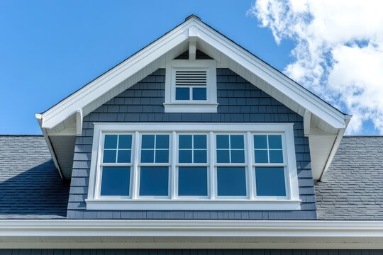 Exterior view of a house's dormer window with gray siding and white trim.