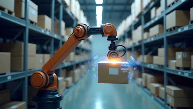 Warehouse automation robotic arm picking boxes for efficient logistics process