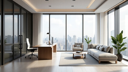 Fototapeta premium Modern executive office interior with minimalist design and lounge area featuring large windows and city skyline view. Concept of workspace comfort. 3D Rendering