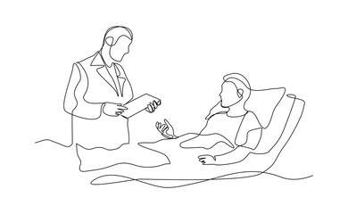 A male doctor examines a patient attentively in a clinic, showing professionalism, care, and focus during a routine medical checkup. continuous line sketch drawing editable stroke vector illustration