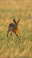Naklejka premium Brown hare in motion across a golden field.