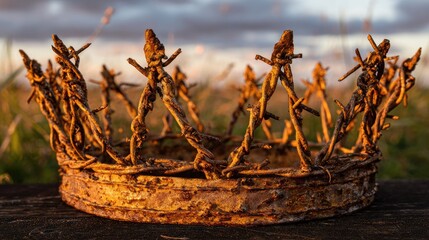 Rusty crown crafted from barbed wire.