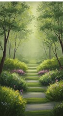 Fototapeta premium A serene pathway through a lush, vibrant forest, leading into a soft, glowing light.