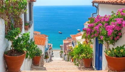 A picturesque coastal village street descends towards a sandy beach, with terracotta-roofed houses, vibrant flowers, and a vast expanse of turquoise water