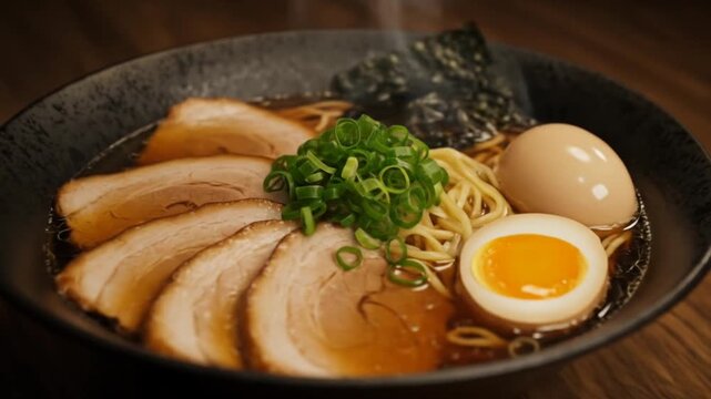 Bowl of Japanese Ramen with Chashu Pork and Boiled Egg