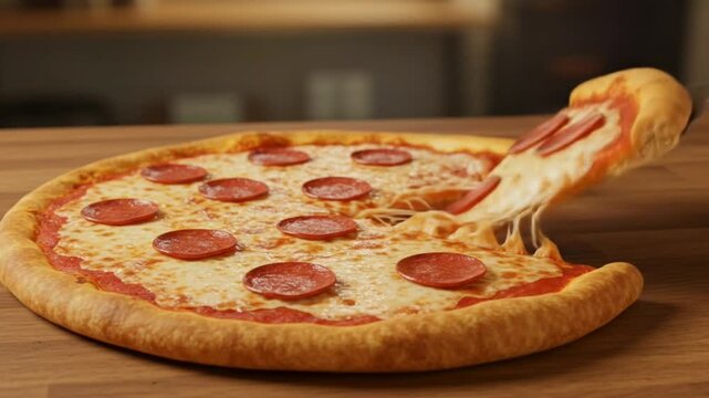 Pepperoni Pizza Slice Being Served with Stretchy Melted Cheese