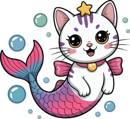A charming cartoon mermaid cat with a star-shaped crown and bubbles around Transparent png vector
