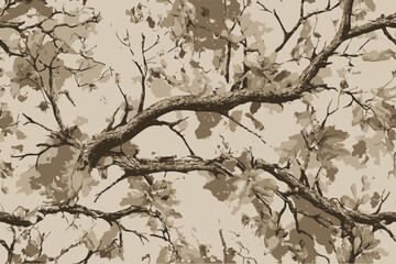 An ultra-realistic vector pattern featuring branches in camouflage tones of brown, gray, and beige.Forest real tree camouflage design. Hunting camouflage. Army hunting camouflage background.