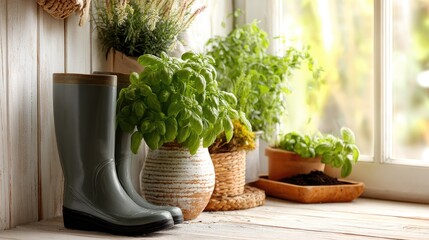 Gardening boots and herbs on a windowsill.