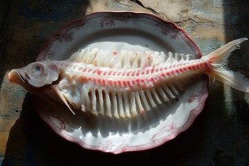 Fish skeleton on a decorative plate.
