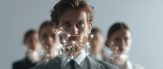 Business leader with digital network overlay concept in corporate setting