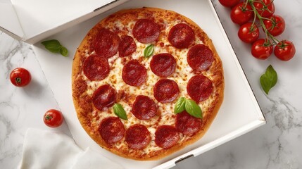 Pizza with pepperoni slices in a white box.