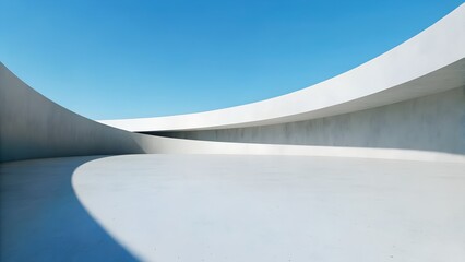 Minimalist Futuristic Architecture with Flowing White Curved Concrete Walls on Reflective Terrain under Clear Blue Sky