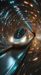 Futuristic train hurtling through a glowing tunnel.