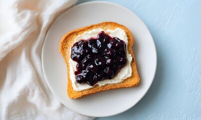 A slice of toast topped with smooth cream cheese and glossy blueberry jam,