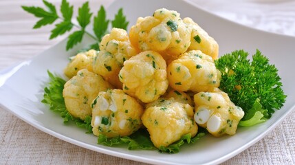 Golden fried balls served on a plate with greens.