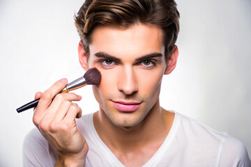 Handsome man using a makeup brush to apply blush