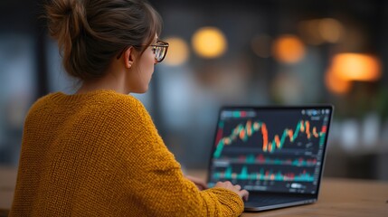 Focused woman sitting at a table with a laptop to analyze stock data and financial trends