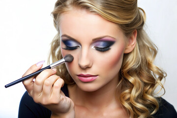 Fototapeta premium Beautiful woman using a makeup brush to apply blush