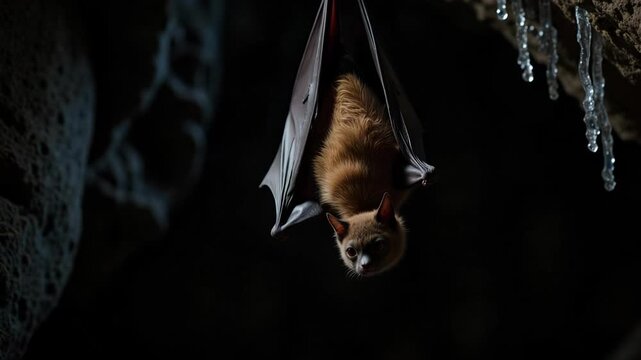 Witness an extreme close up of a bat hanging upside down in a dark cave, with piercing red eyes and damp fur, amidst ancient carvings and stalactites.