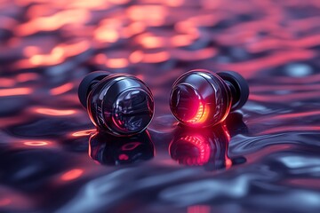 Sleek Earbuds on Reflective Surface with Pink and Purple Gradient

