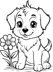 Cute Cartoon Puppy and Smiling Flower Line Art – Friendly Sitting Dog with Bloom Character for Kids Coloring