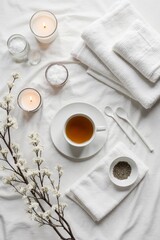 It depicts a spa and relaxation-themed flat lay composition arranged on a white background. The image features white cotton towels, a cup of herbal tea, lit candles, and natural bath salts.