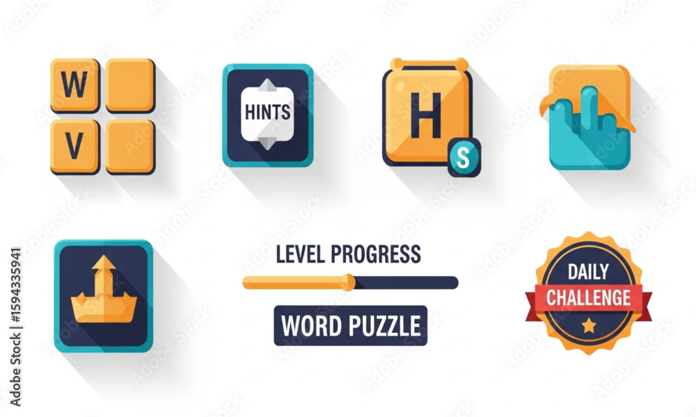 Fototapete word game icons with hints, level progress, and daily challenge badges | playful ui elements for mob