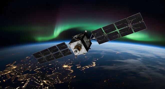 Satellite with green aurora and curved Earth in background