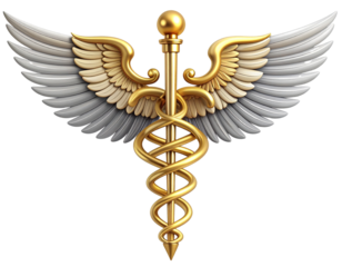 Classic Caduceus Symbol with Golden Rod and Wings Centered on Transparent Background PNG