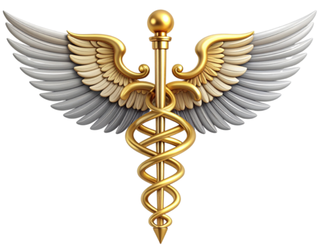 Classic Caduceus Symbol with Golden Rod and Wings Centered on Transparent Background PNG - Powered by Adobe
