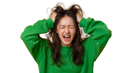 A woman in a green sweater is screaming and has her hair in a messy bun