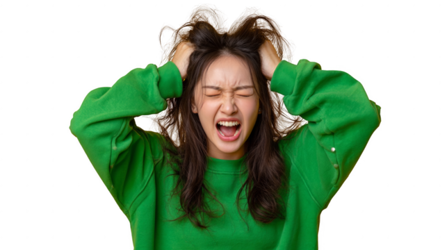 A woman in a green sweater is screaming and has her hair in a messy bun