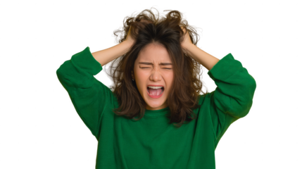A woman with green hair is screaming in a green sweater