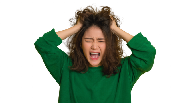 A woman with green hair is screaming in a green sweater