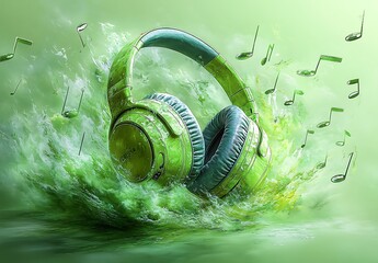Floating Green Headphones with Musical Notes and Vibrant Splash

