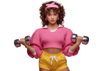 A woman in a pink shirt and yellow shorts is lifting weights