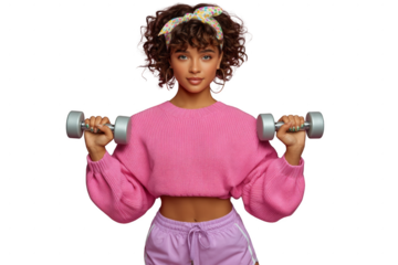 A woman in a pink shirt and purple shorts is holding two dumbbells