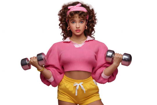 A woman in a pink shirt and yellow shorts is lifting weights - Powered by Adobe
