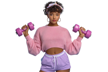 A woman is holding two pink dumbbells and wearing a pink shirt and purple shorts