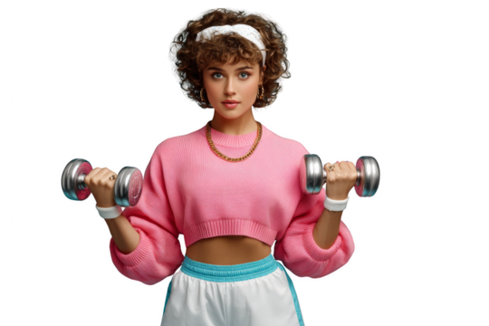 A woman in a pink shirt and blue shorts is lifting weights - Powered by Adobe