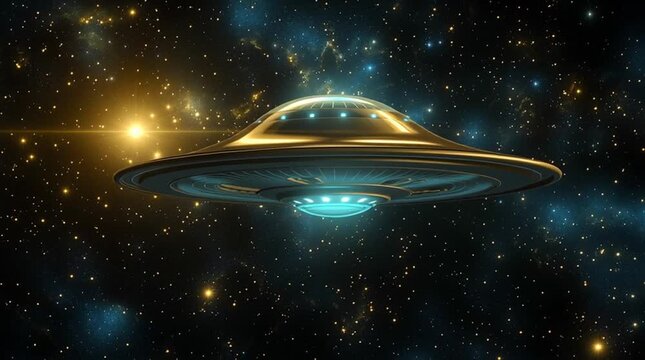 Futuristic flying saucer in deep space with stars and galaxy backdrop  