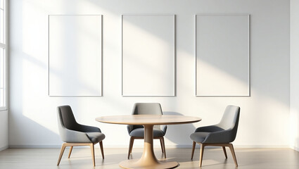 Modern minimalist office interior with round table, gray chairs, and three blank vertical posters on white wall in soft daylight setting. 3D Rendering